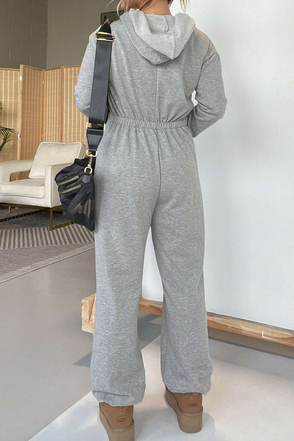 Women's Grey Long Sleeve Hooded Jumpsuit with Drawstring Waist - Image 2