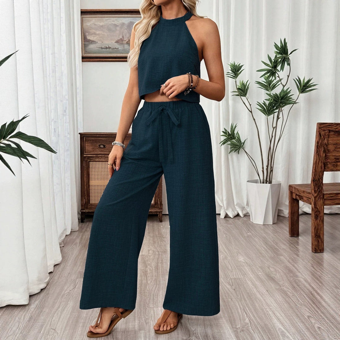 Women's Halter Neck Cropped Top & Wide-Leg Pants Two-Piece Set