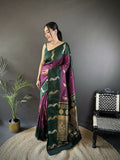 Elegant green Banarasi silk saree with peacock butti embroidery and unstitched blouse