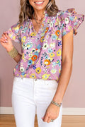Pink Flutter Sleeve V Neck Floral Top