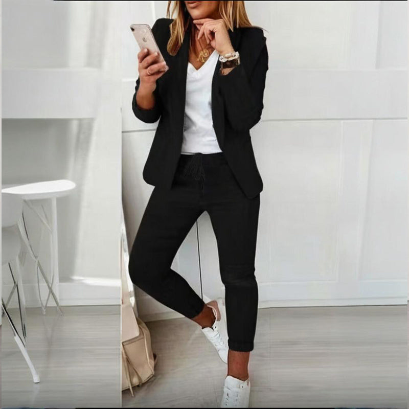 Women Notch-Lapel Blazer and Drawstring Pants Two-Piece Suit
