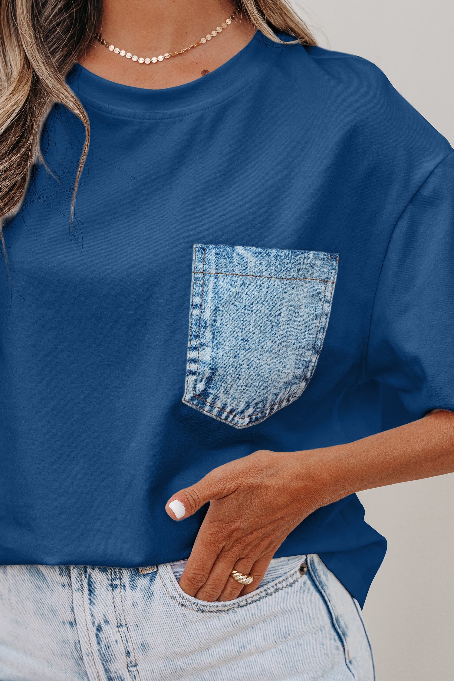 Colorblock Chest Pocket Patch Short Sleeve Top
