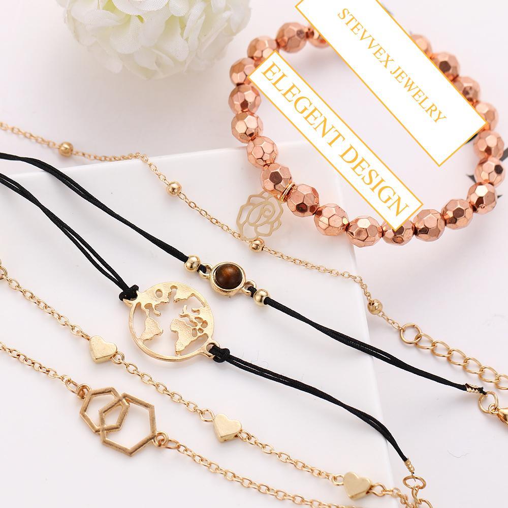 Boho Rose Map Charm Multi-Layer Bracelet Set for Women