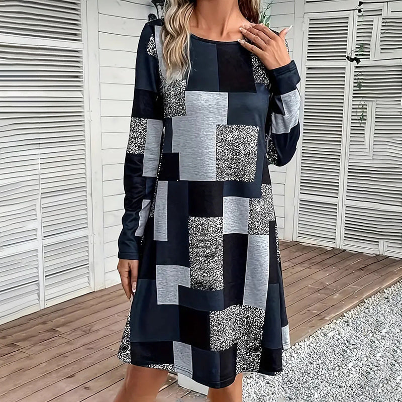 Women's Round Neck Long Sleeve Patchwork Print Casual Dress - Image 6