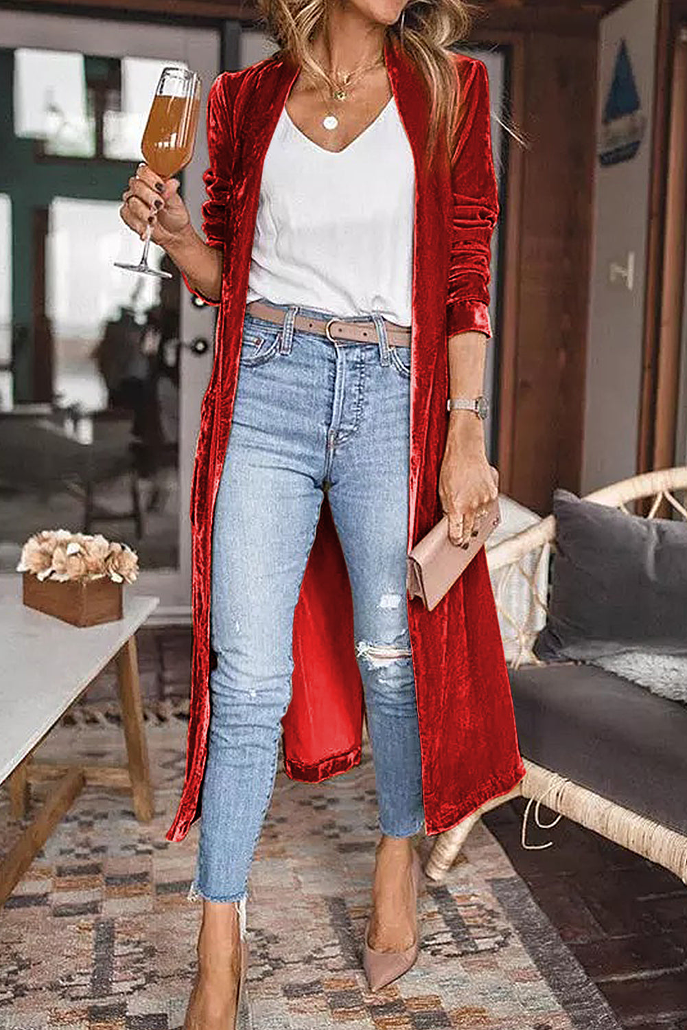 Red Velvet Open Front Long Cardigan with Pockets