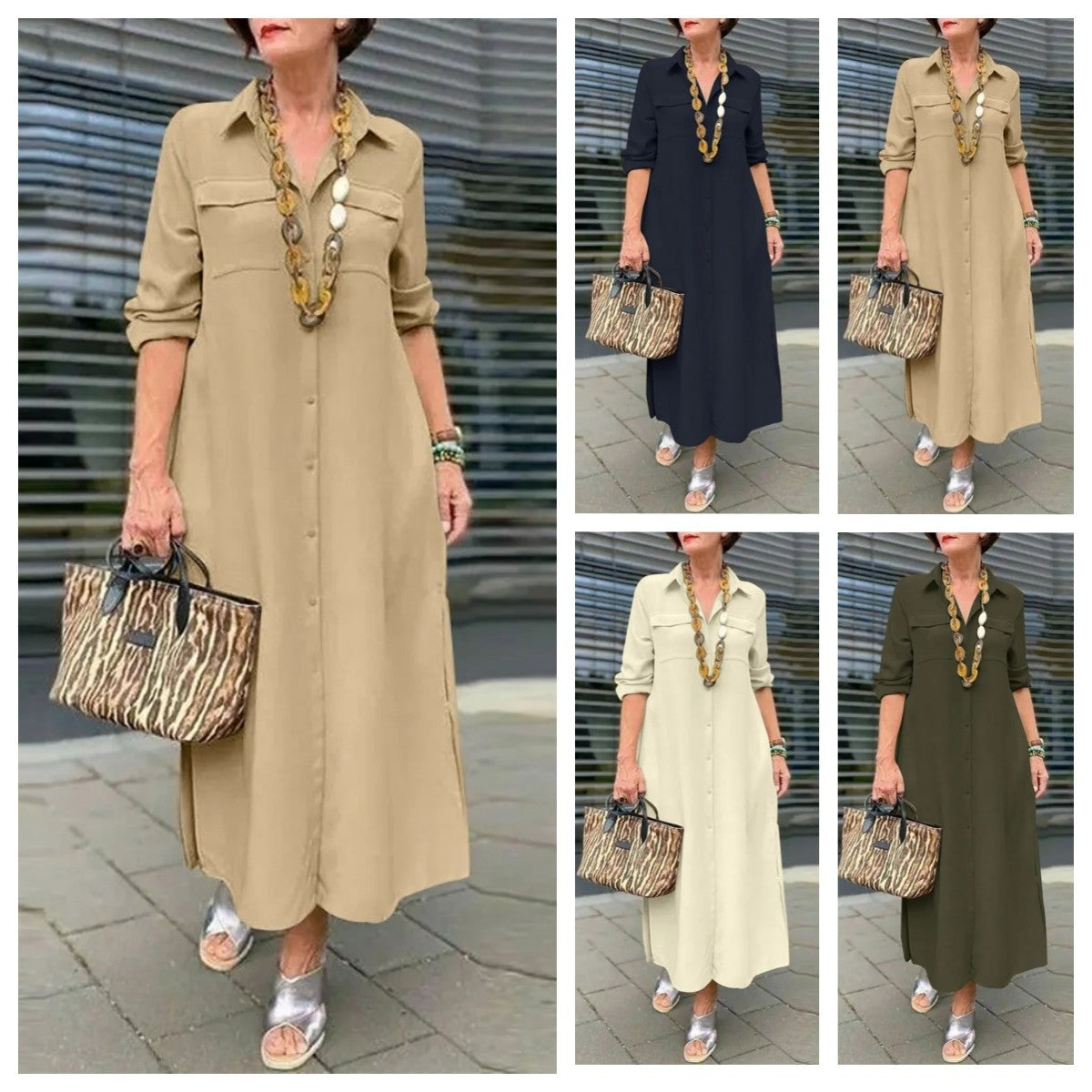 Long Sleeve Button Lapel Dress in Minimalist Solid Colors