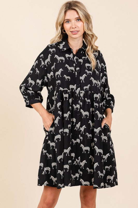 Bold zebra print button-down shirt mini dress in black and white