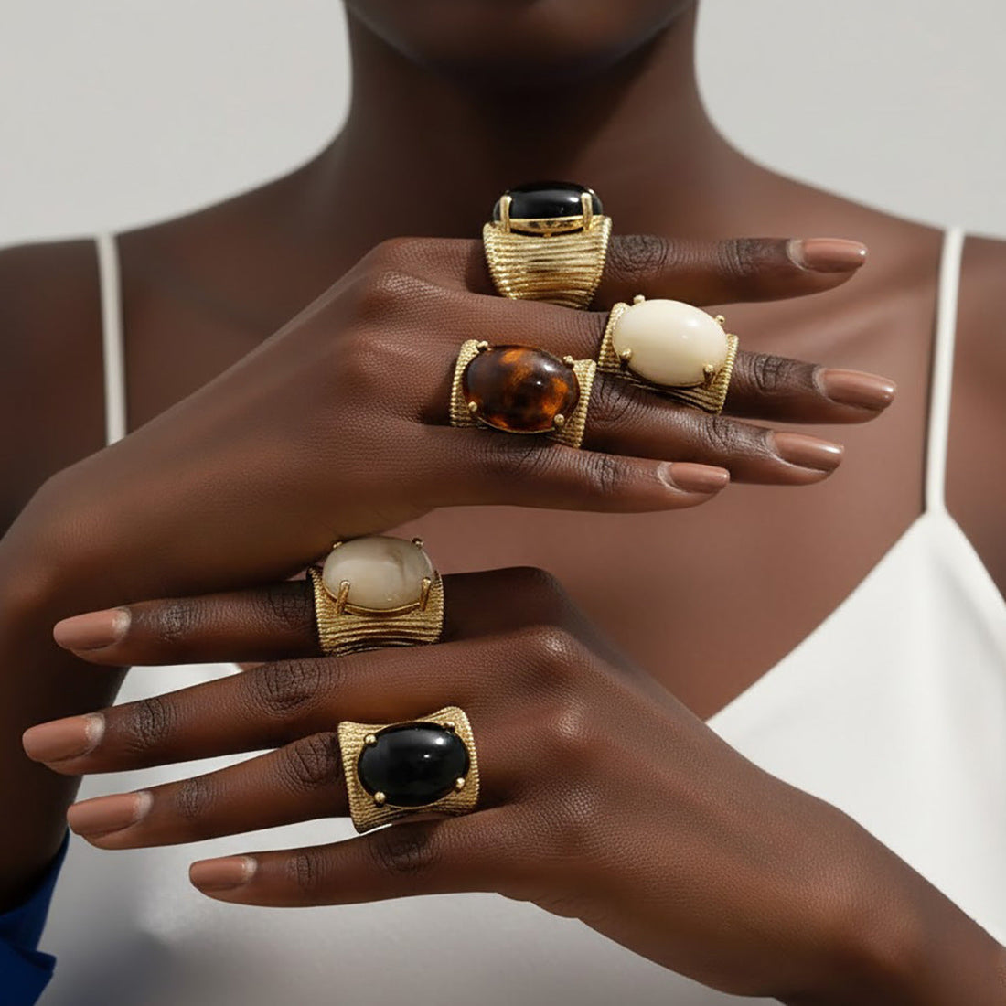 Edgy wide band open ring with brushed geometric design in mixed color finishes