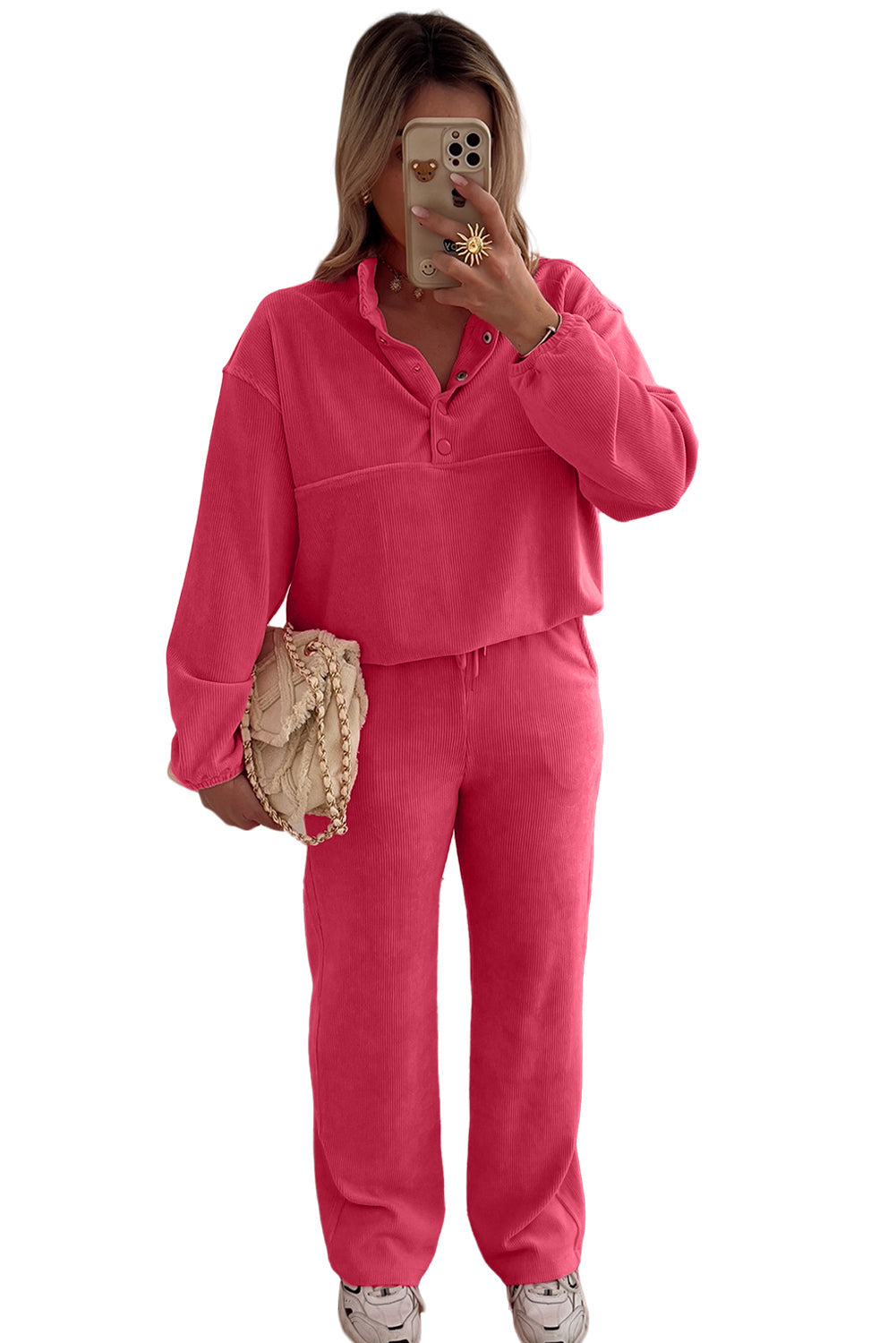 Peach Blossom Corduroy Set: Half Button Pullover & Drawstring Pants