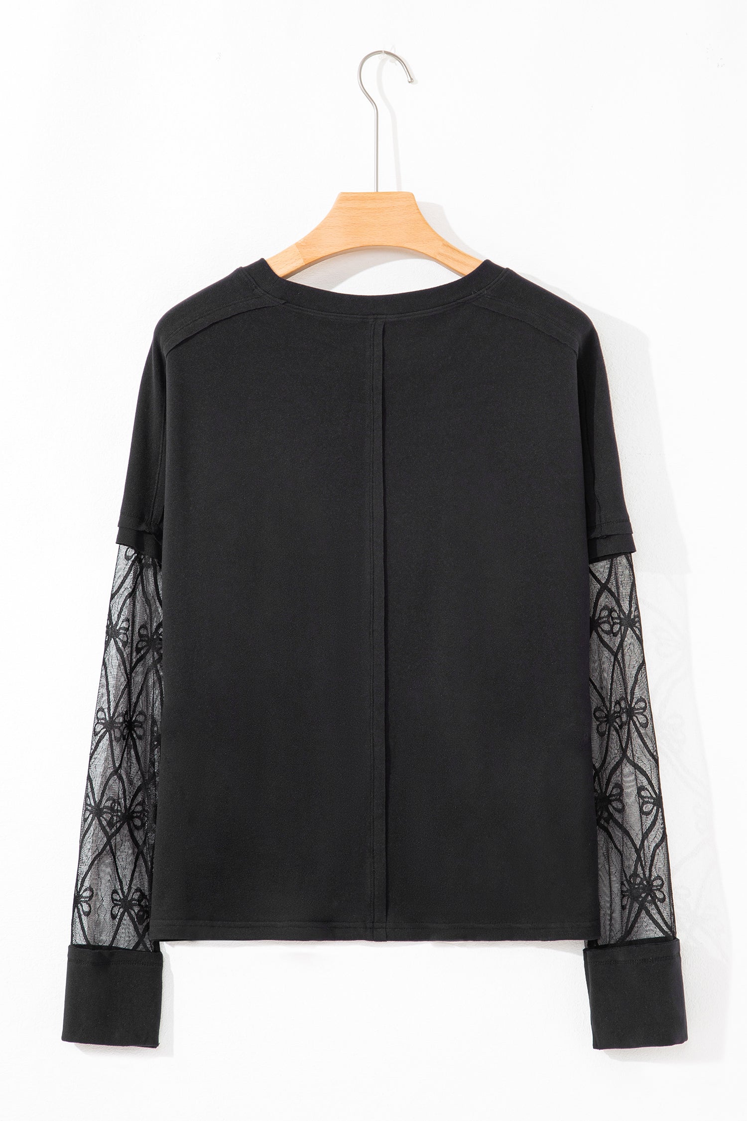 Women's Long Sleeve Tee with Sheer Patchwork & Bow Details