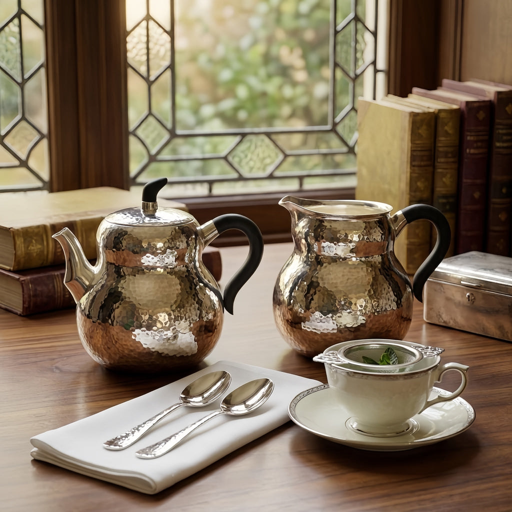 A hand-hammered fine silver teapot and matching creamer with sleek black handles and warm metallic base accents.