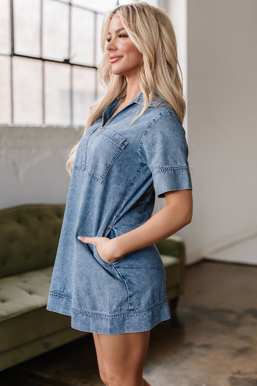 Solid Denim Collared Patch Pocket Mini Dress