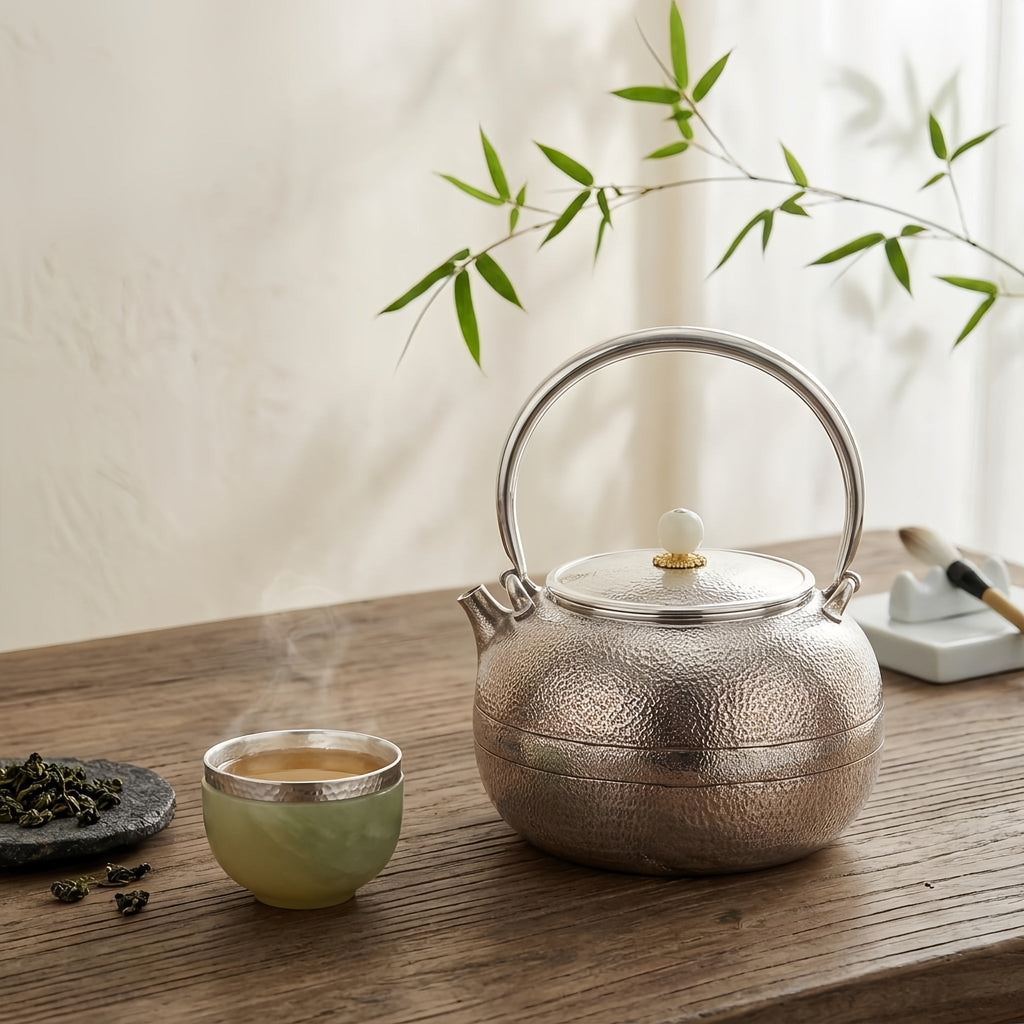 Handcrafted 999 Fine Silver Hammered Teapot with Stone Finial