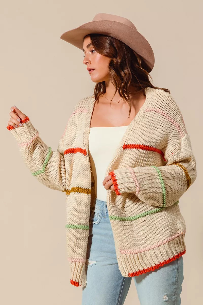 Loose Fit Multi Stripe Open Front Cardigan in Oatmeal