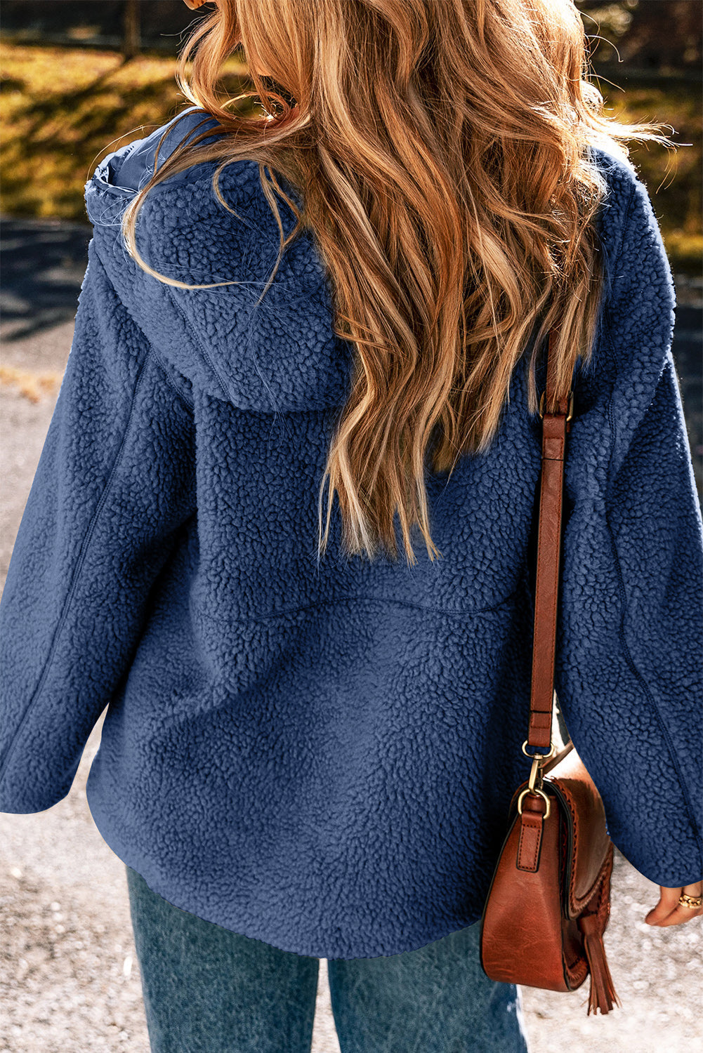 Women's Solid Fleece Zip-Up Hooded Jacket with Drawstring Pockets