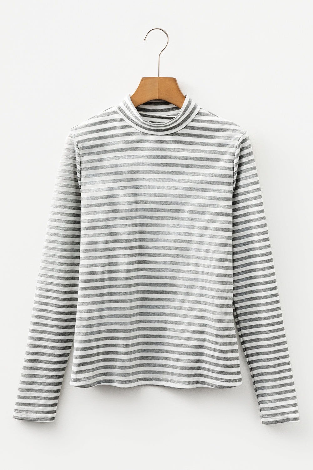 Front and back view of a grey and white striped ribbed long sleeve mock neck top on a wooden hanger against a white background.