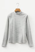 Front and back view of a grey and white striped ribbed long sleeve mock neck top on a wooden hanger against a white background.
