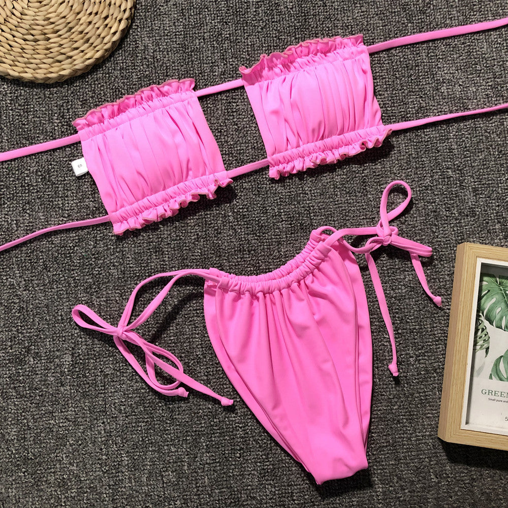 Yellow Ruched Bikini Set with Flirty Frill Trim and Tie Sides - Image 20