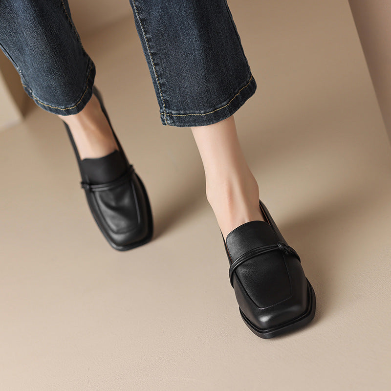 Women’s Retro Minimalist Mid-Heel Leather Loafers Black Brown - Image 4