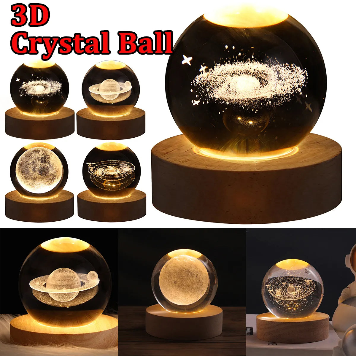 3D Galaxy Crystal Ball LED night light with glowing planet design on a wooden base.