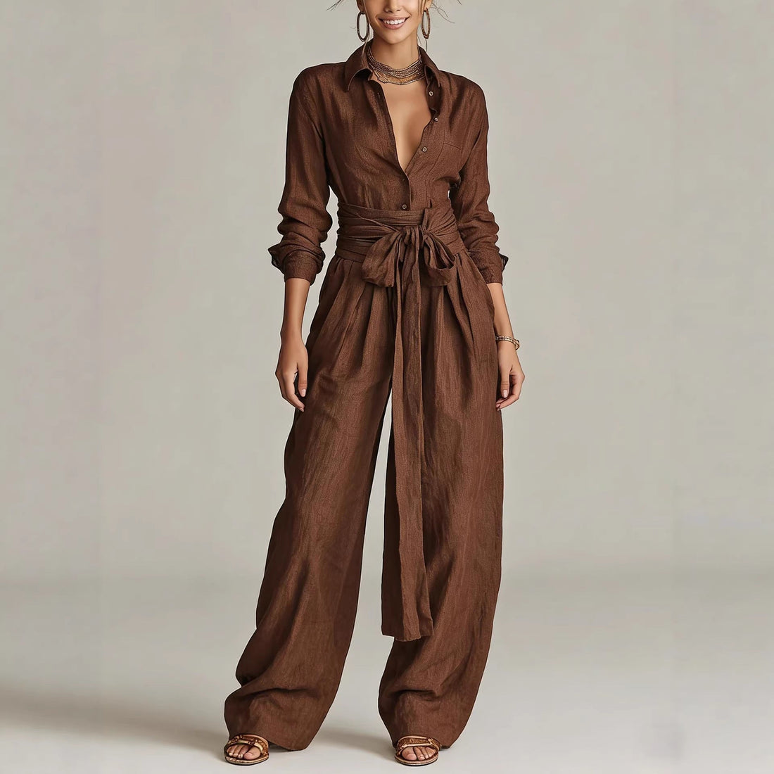 Women Solid Color Long Sleeve Button Down Shirt and Pants Set