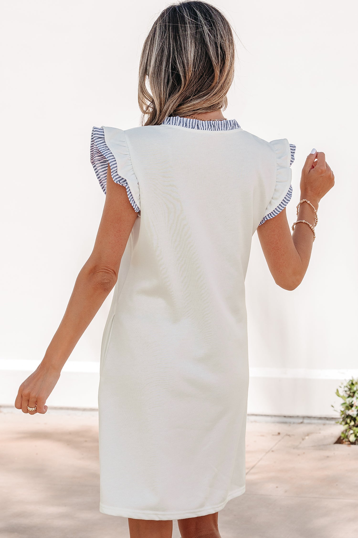 Aleena Ruffle Trim Sleeveless Stripe Mini Dress in White and Blue