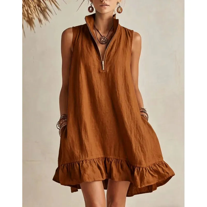 Women's Casual Sleeveless Half-Zip Mini Dress with Ruffle Hem