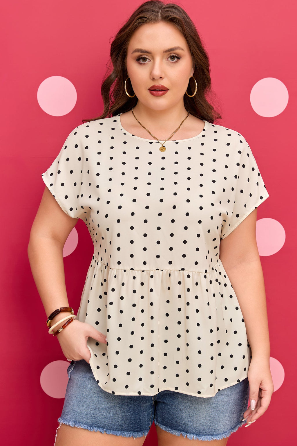 Adora Polka Dot Button Detail Babydoll Blouse | Polyester