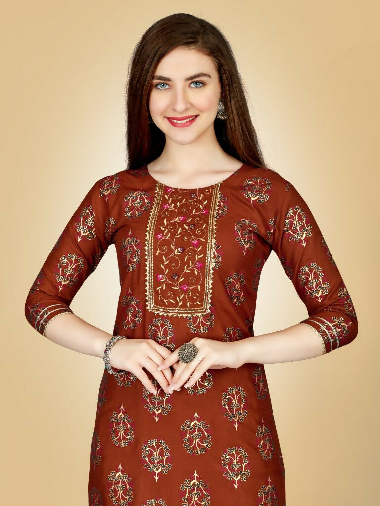 Jyoti Fashion Women's Rust Viscose Rayon Embroidered Kurta Pant Set