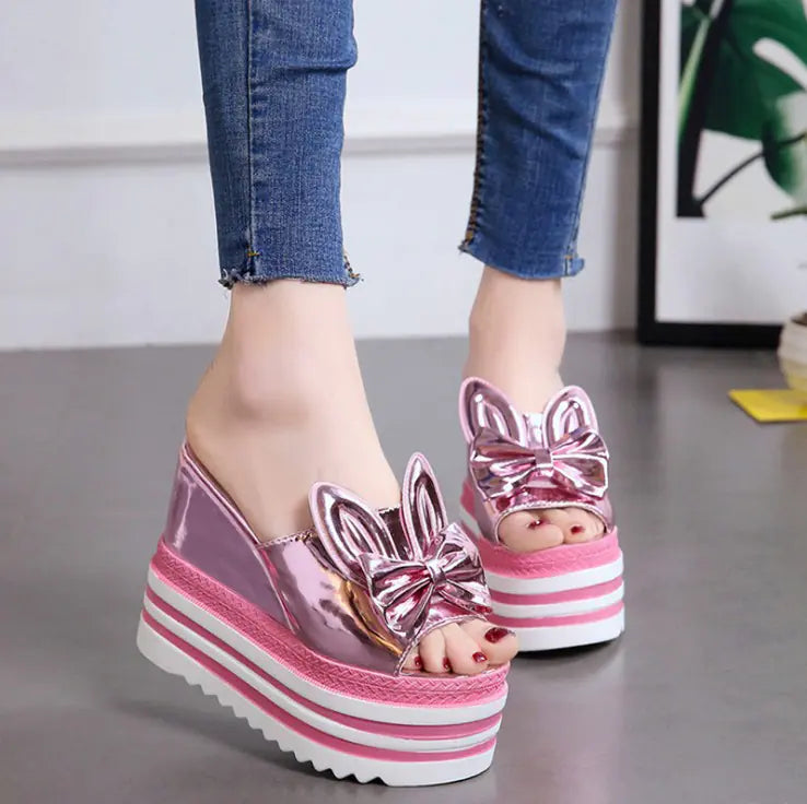 Women's Platform Wedge Sandals with Playful Rabbit Ear Bow Design - Image 19