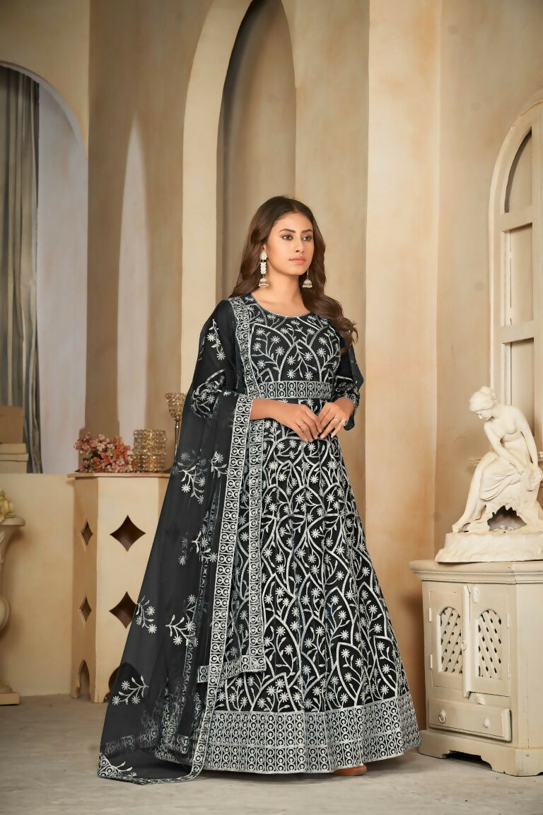 Black Net Embroidered Anarkali Kurta Pant Set with Dupatta