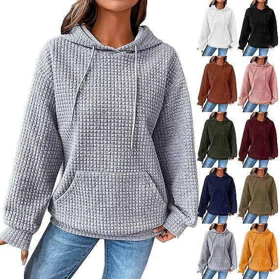 Women's Loose Casual Long Sleeve Waffle Knit Hooded Sweatshirt - Image 24