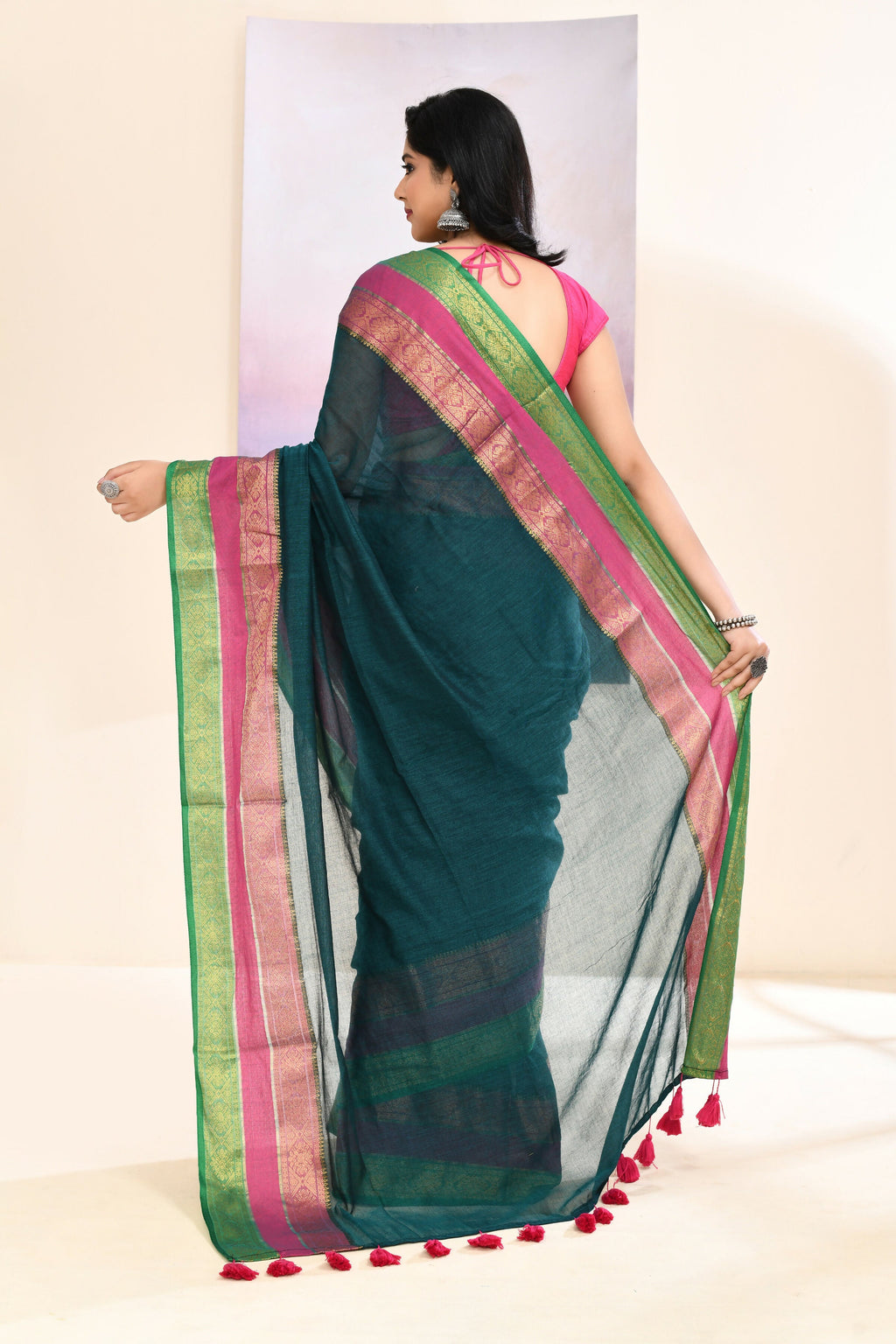 Teal Cotton Saree with Zari Border and Embellishments