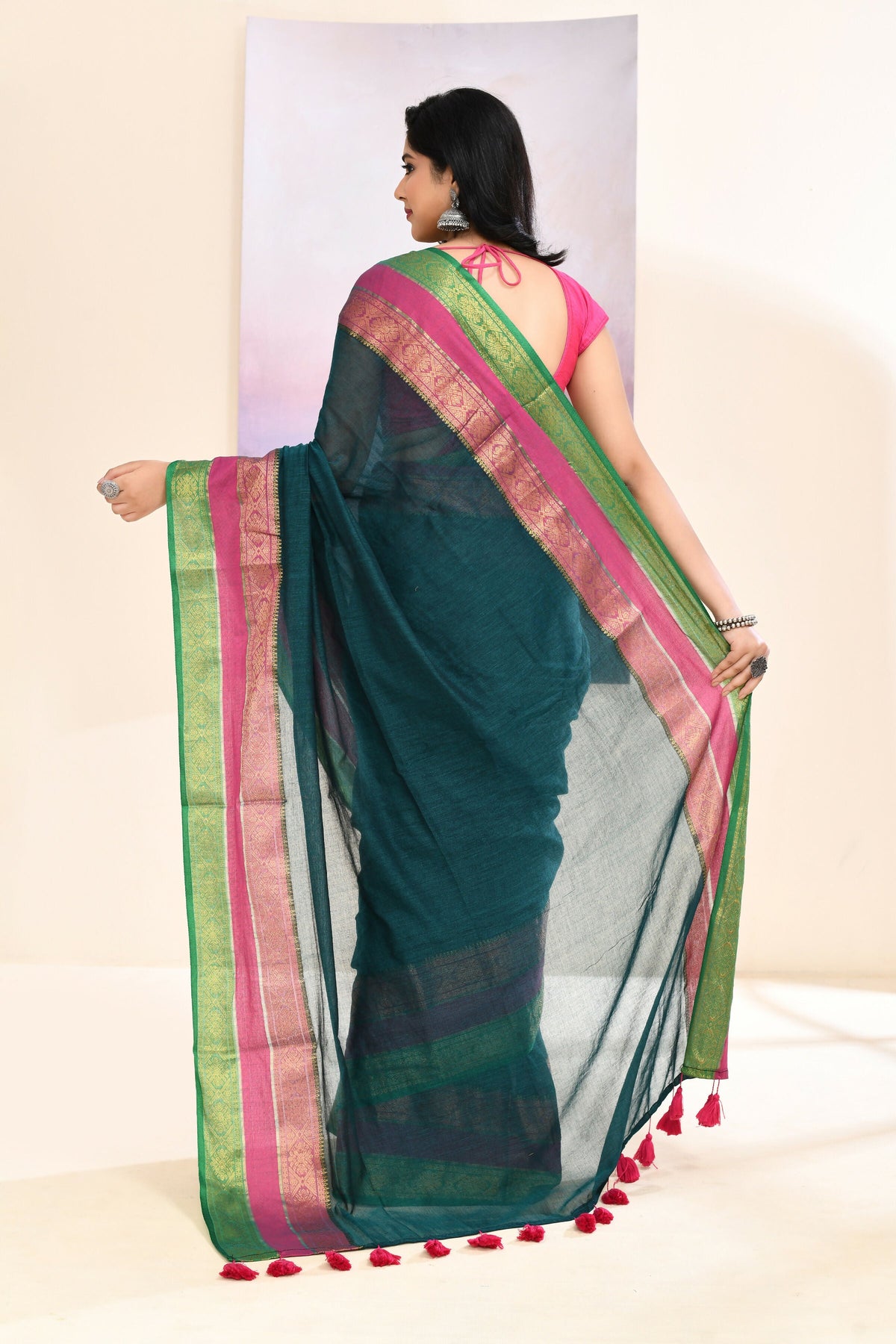 Teal Cotton Saree with Zari Border and Embellishments