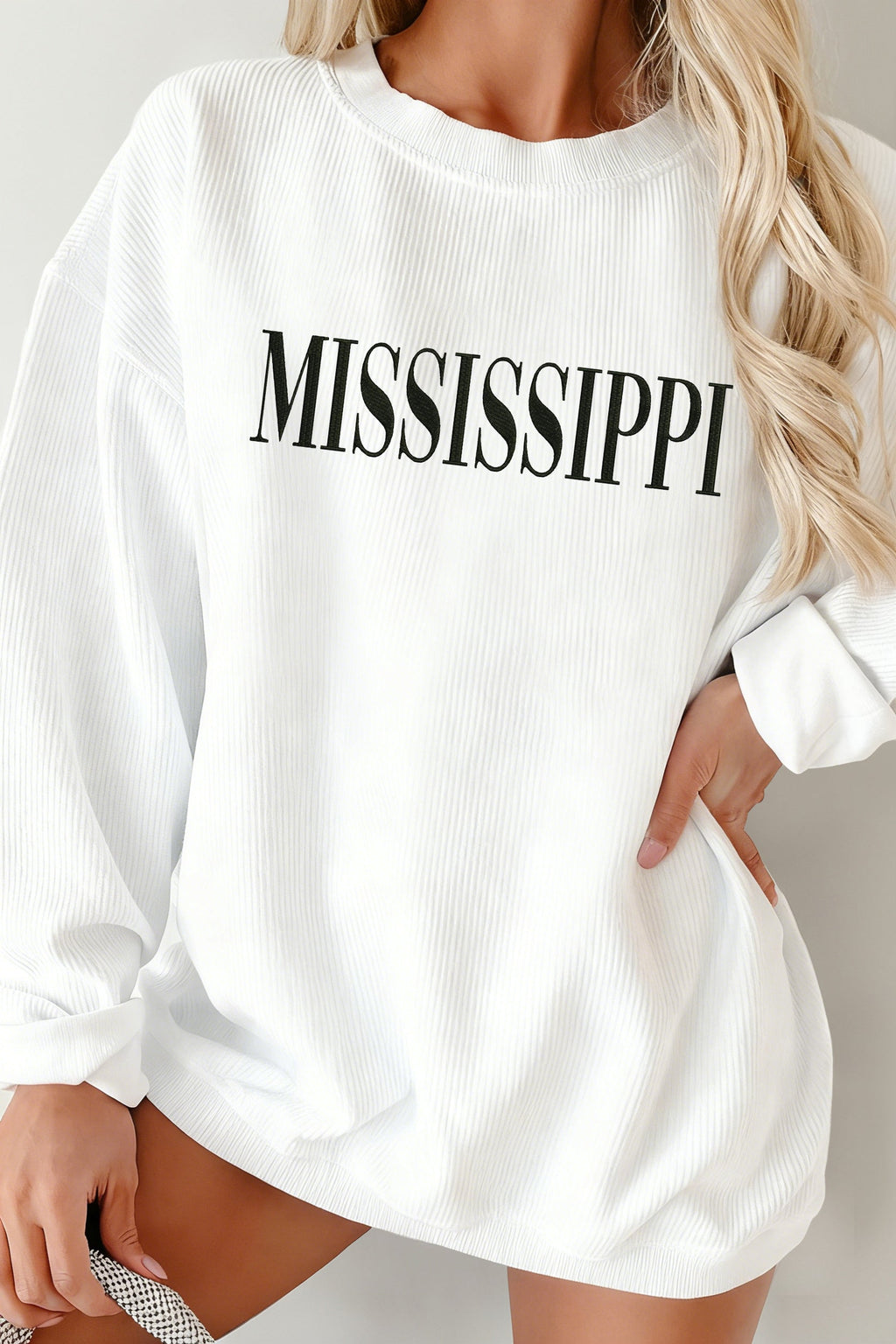 White Raised Rib Mississippi Baggy Sweatshirt | Oversized Pullover