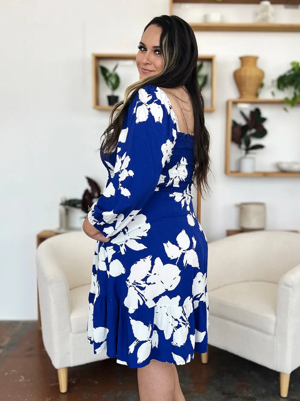 Floral Ruffle Hem Smocked Midi Dress with Pockets