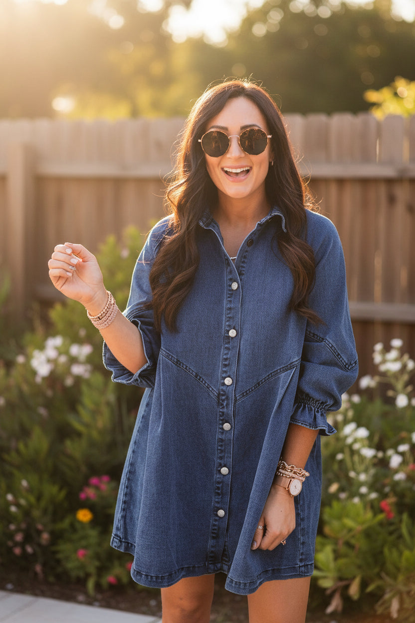 Women's Denim Mid-Length Dress with Three-Quarter Sleeves