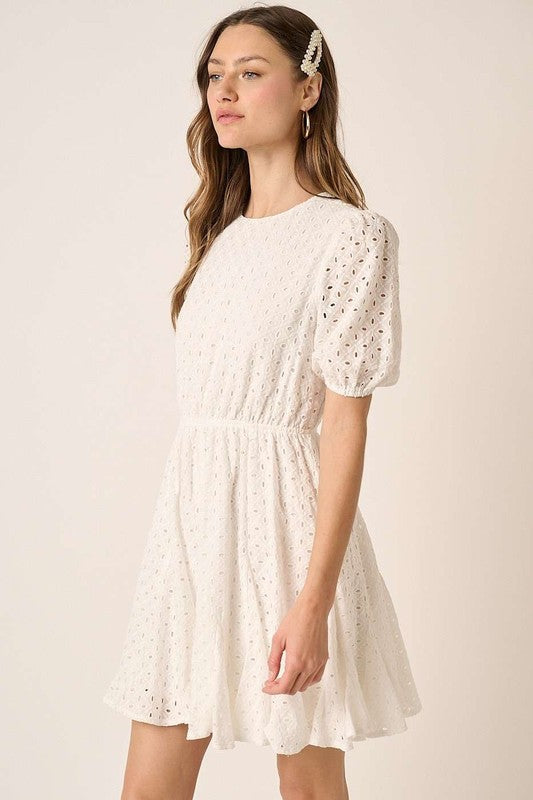 Eyelet Puff Sleeve Mini Dress with Round Neck