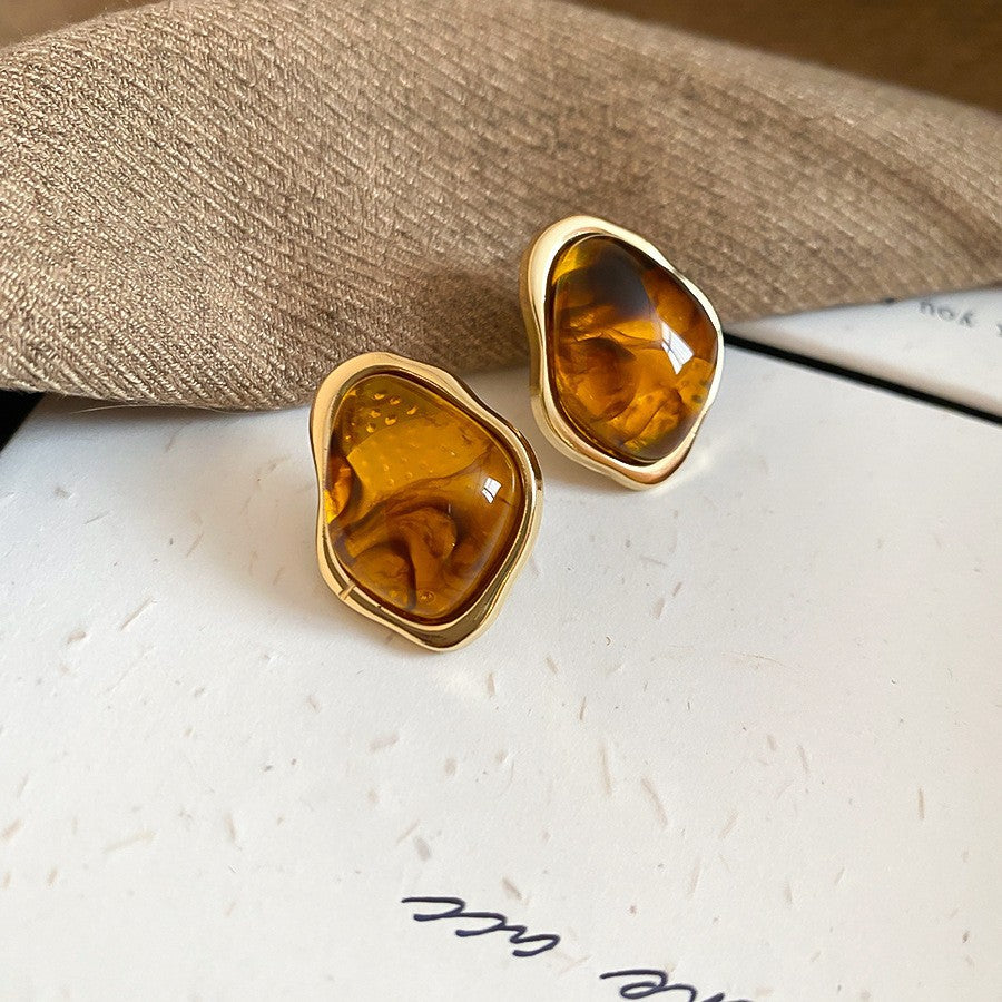 2026 Trendy Maillard Aesthetic Earrings, Natural Wood Amber Resin Gold Knot Drop Earrings, Retro Lightweight Dangle Earrings For Daily Commute Party