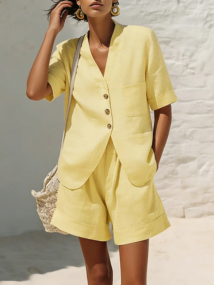 Women's Cotton-Linen Button-Down Top and Relaxed Shorts Set - Image 11