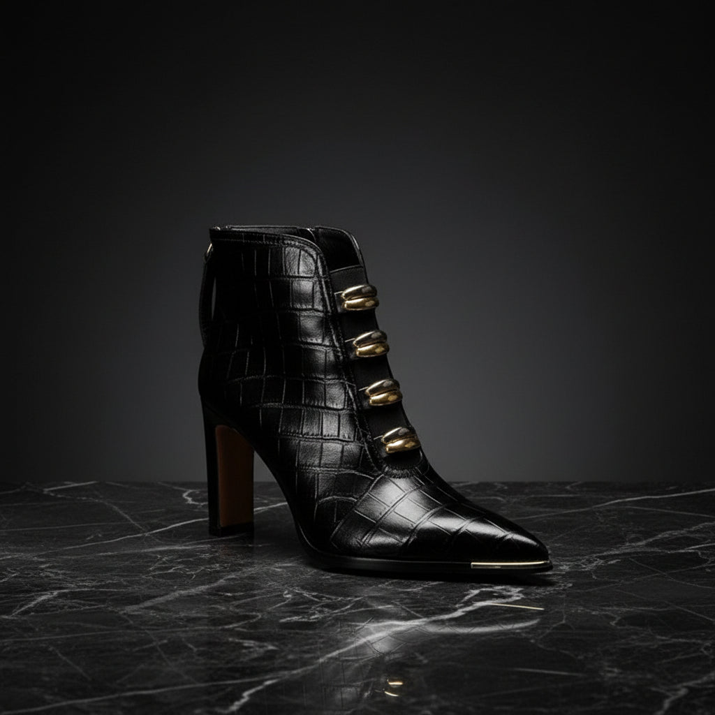 Women's Pointed Toe Chunky Heel Ankle Boots with Metal Accents - Image 3
