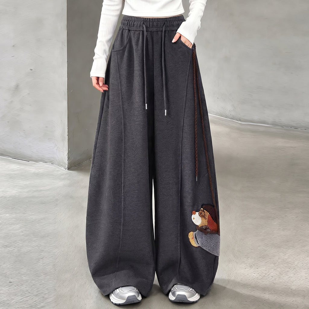 Bear-Detail Wide-Leg Cotton-Blend Sweatpants