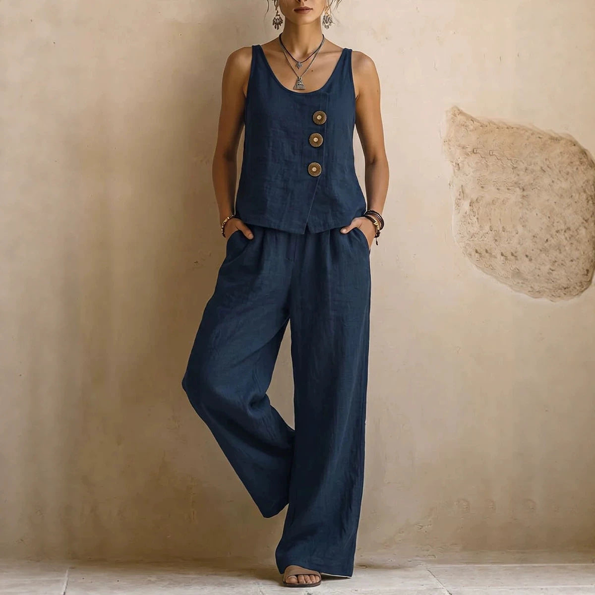 Women's Cotton Linen Sleeveless Tank Top and Wide Leg Pants Set