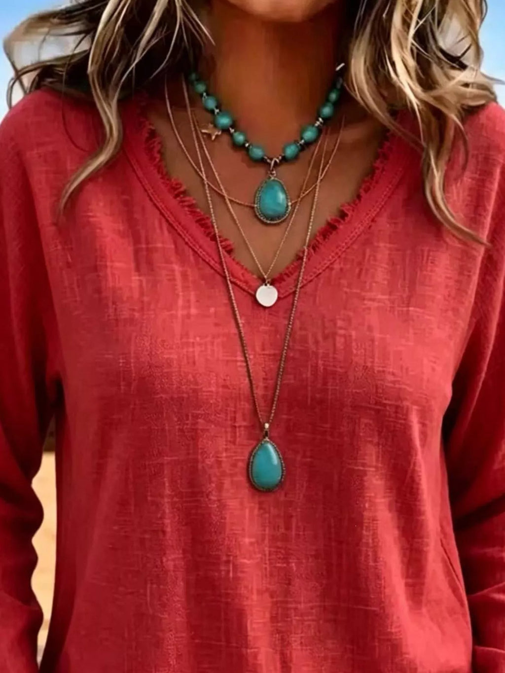 V-Neck Frayed Hem Long Sleeve T-Shirt