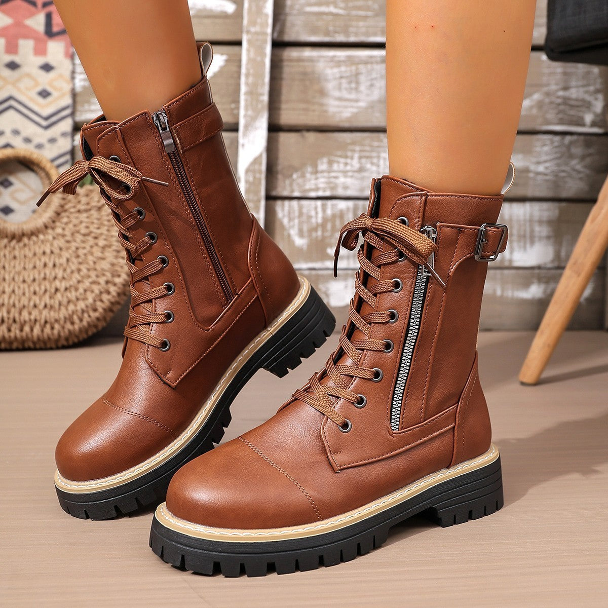 Women’s Solid Color Lace Up Mid Boots with Side Zipper and Low Heel