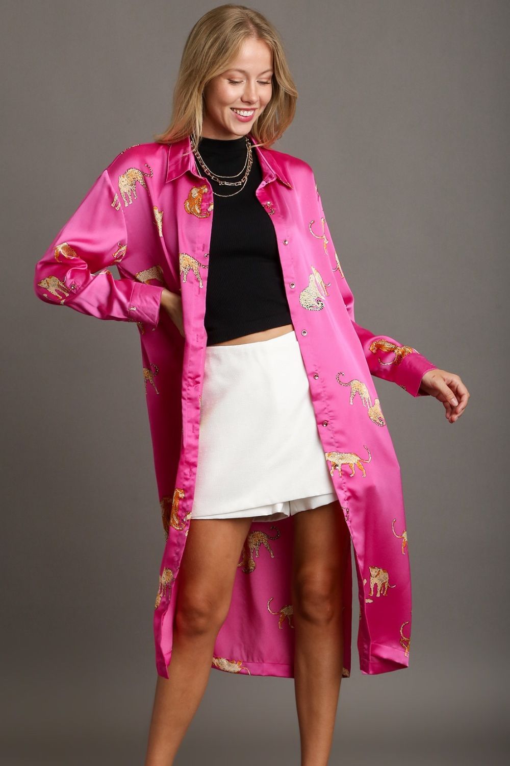 Animal Print Button Down Midi Shirt Dress with Side Slit