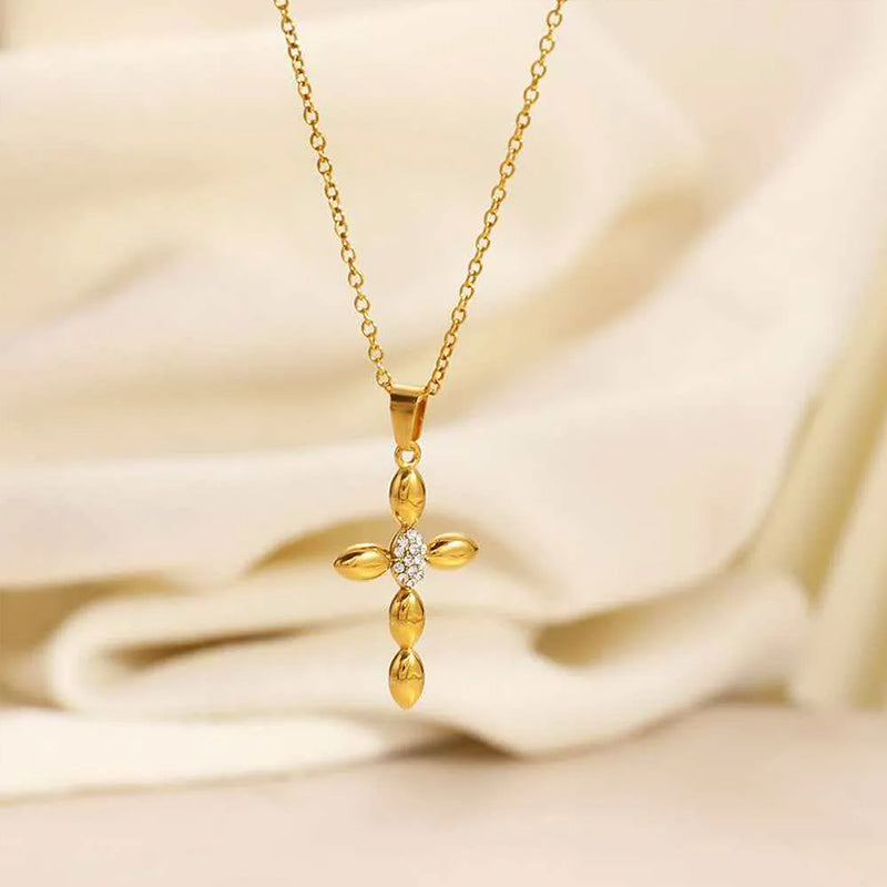 Rhinestone Cross Pendant Necklace in Gold and Silver Stainless Steel