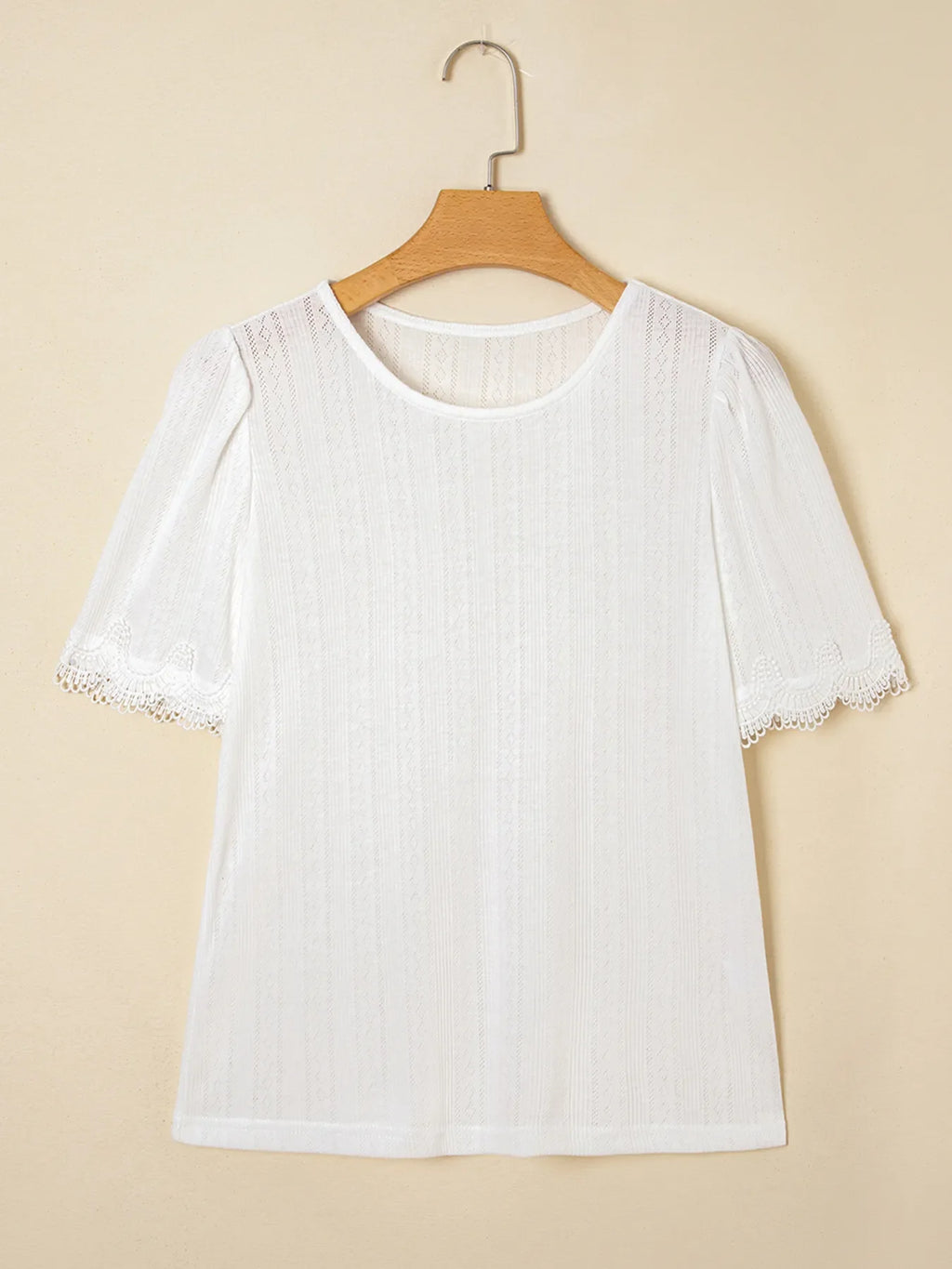 White Scalloped Lace Trim Jacquard Textured Short Sleeve Top - Image 6