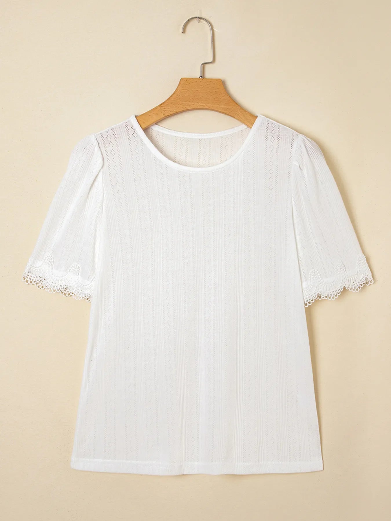 White Scalloped Lace Trim Jacquard Textured Short Sleeve Top - Image 6