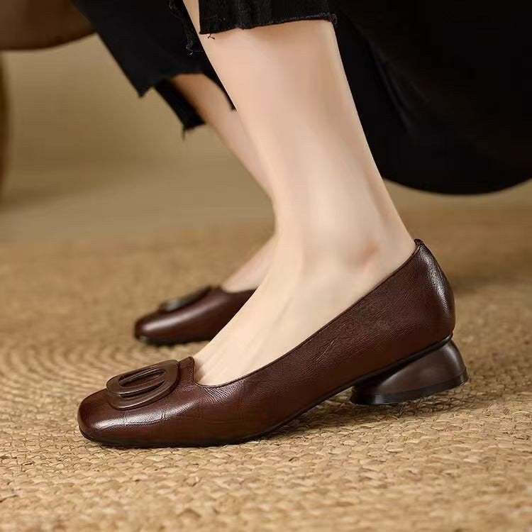 Women's Dark Brown Round Toe Slip-On Flats with Chunky Heel - Image 2